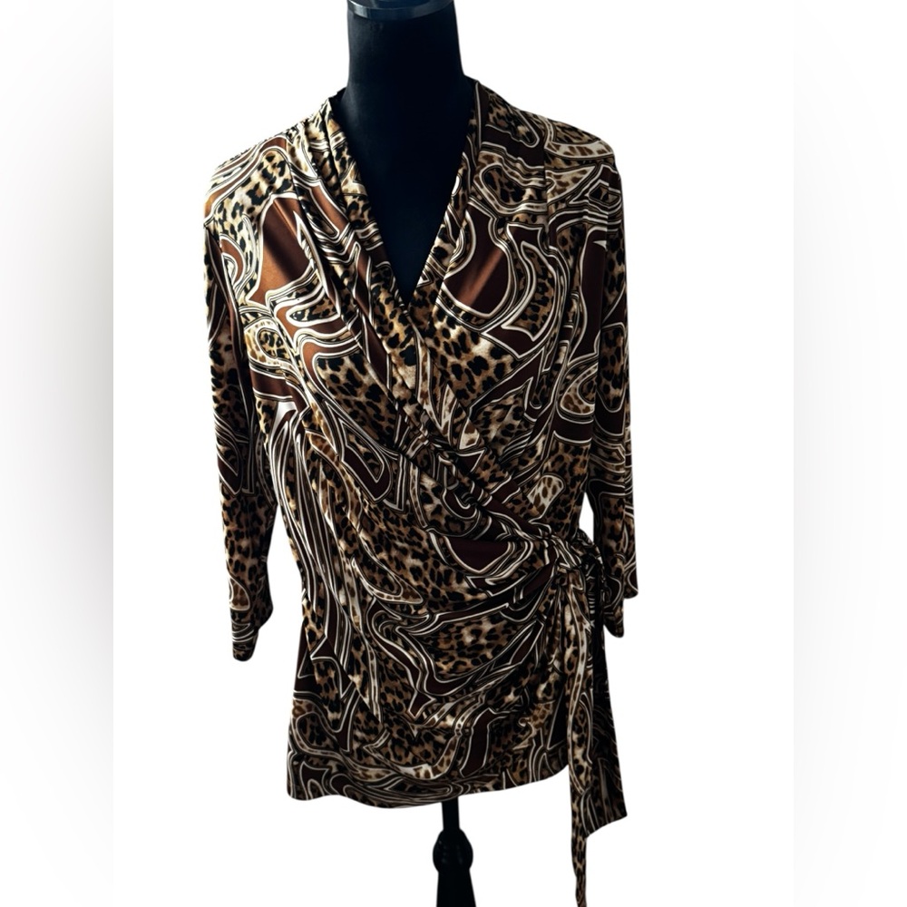 Carmen Marc Valvo Animal Print‎ Wrap Blouse top 3/4 sleeves Sz XL